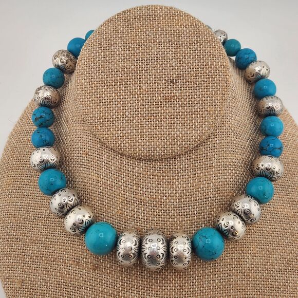 Vintage Faux Turquoise Necklace 20" Southwest Boho Coldwater Creek Silver Etched - Picture 7 of 7